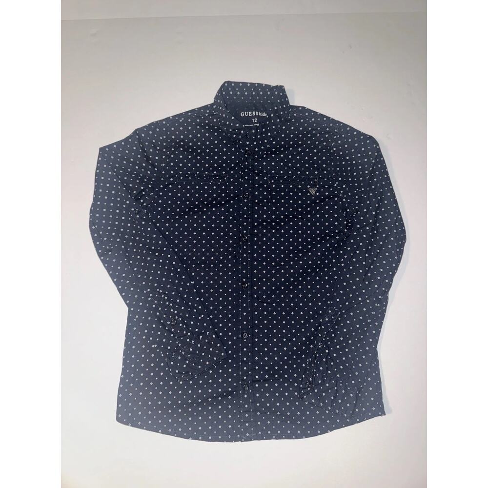 Guess Kids Button Down Shirt Blue Geometric Print Long Sleeve Size 12
